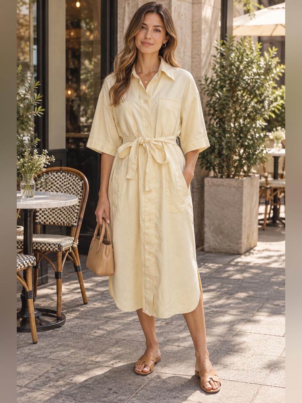 & Other Stories Cream Utility Belted Midi Shirt Dress Size S